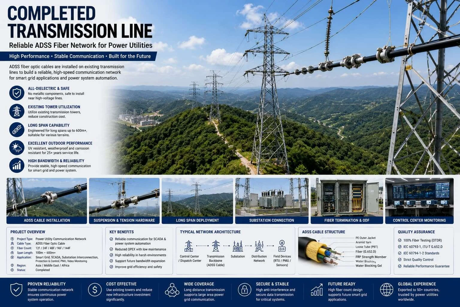 Completed ADSS fiber optic cable transmission line installation