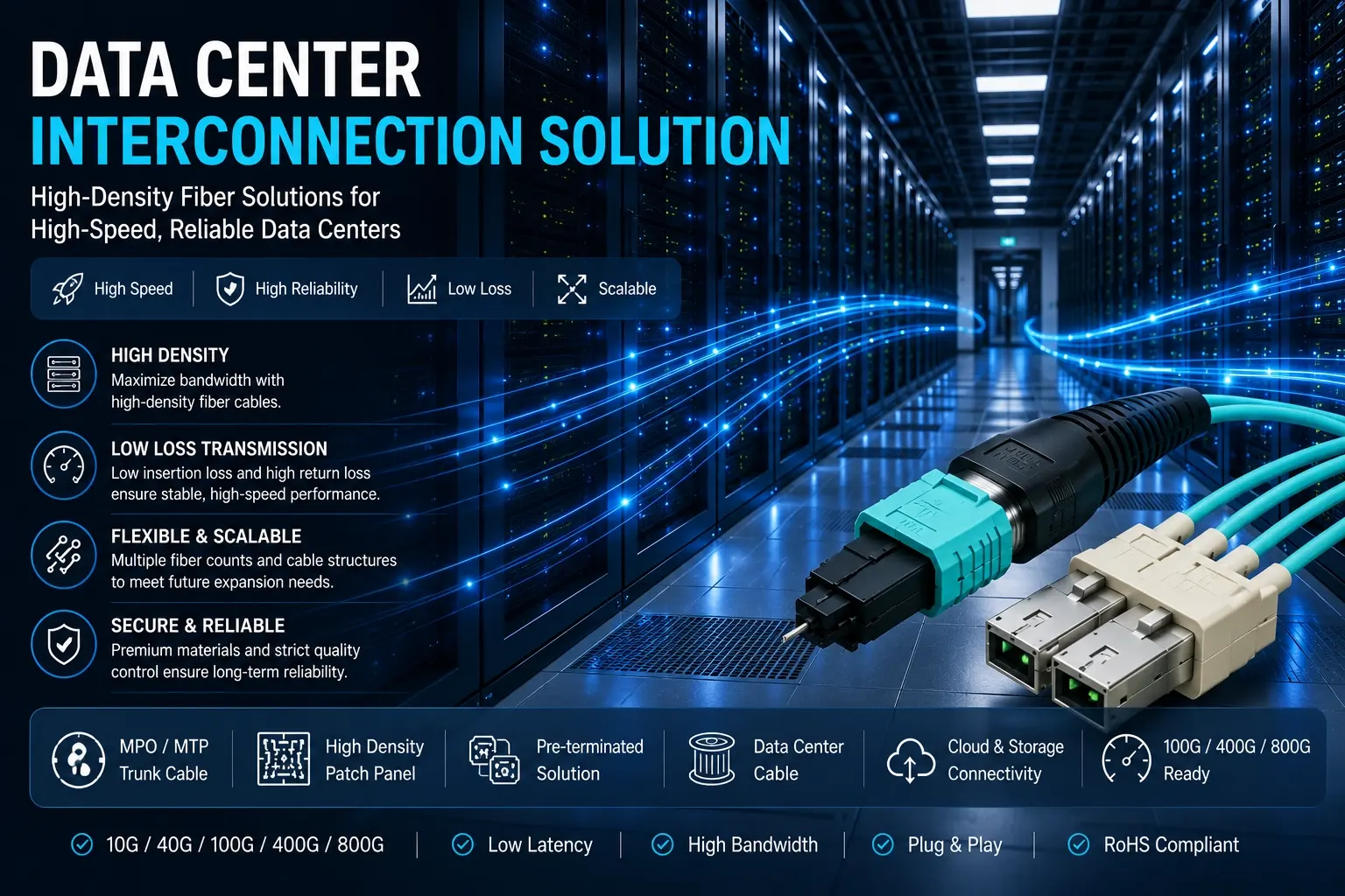Data center interconnection solution with high-density fiber optic connectivity
