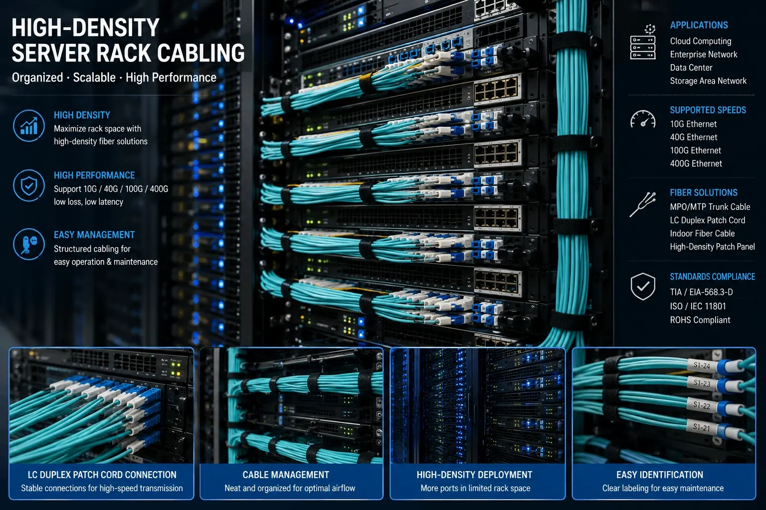 High-density server rack fiber optic cabling