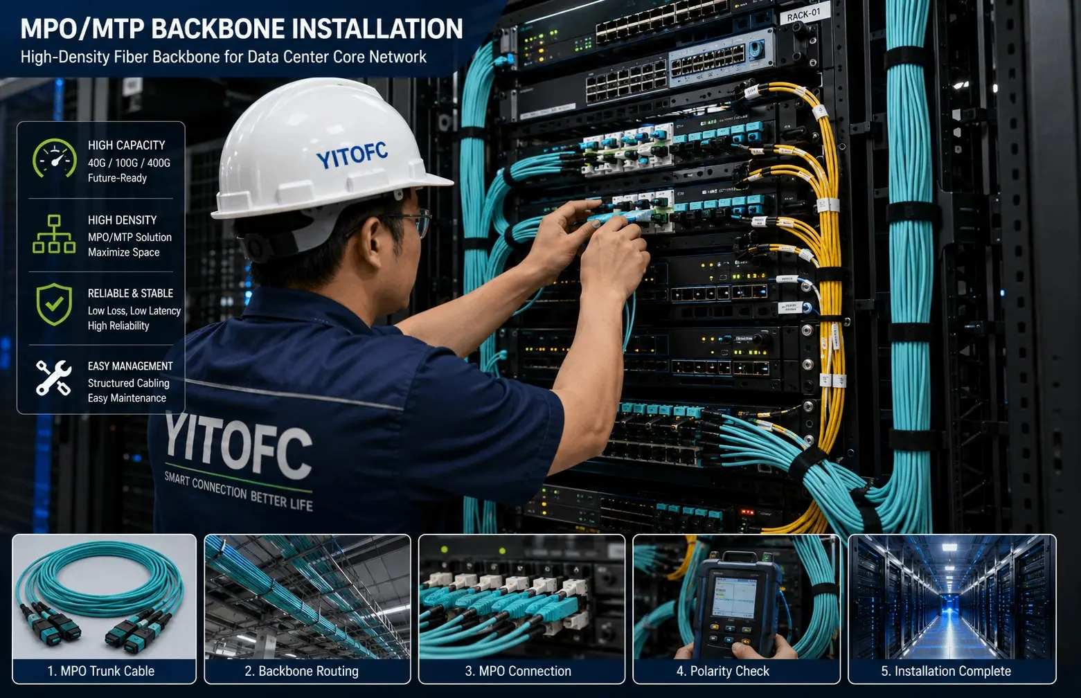 MPO MTP backbone installation for data center network