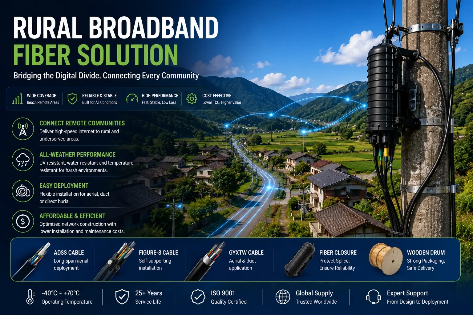 Rural broadband fiber solution with aerial fiber optic cable infrastructure