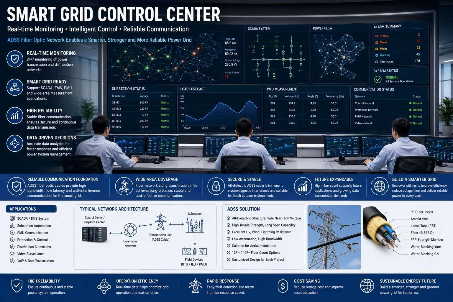 Smart grid control center fiber optic communication system