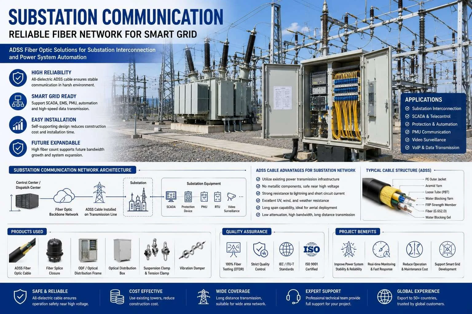 Substation communication network with ADSS fiber optic cable