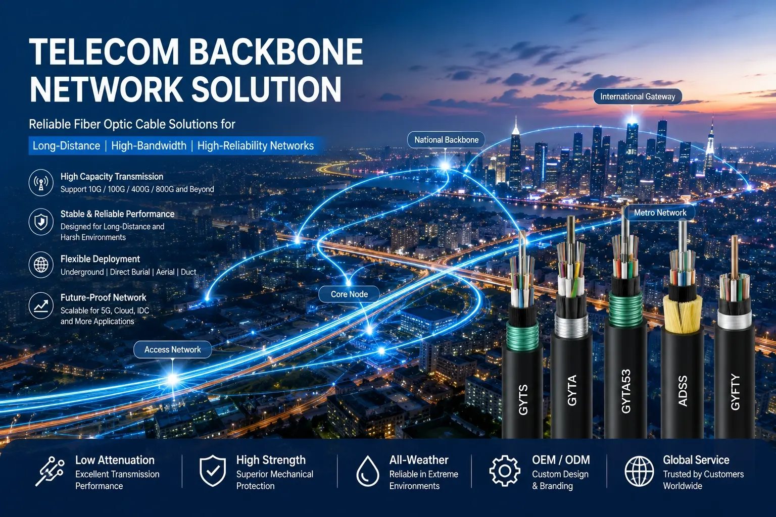Telecom backbone network solution for long-distance fiber optic communication