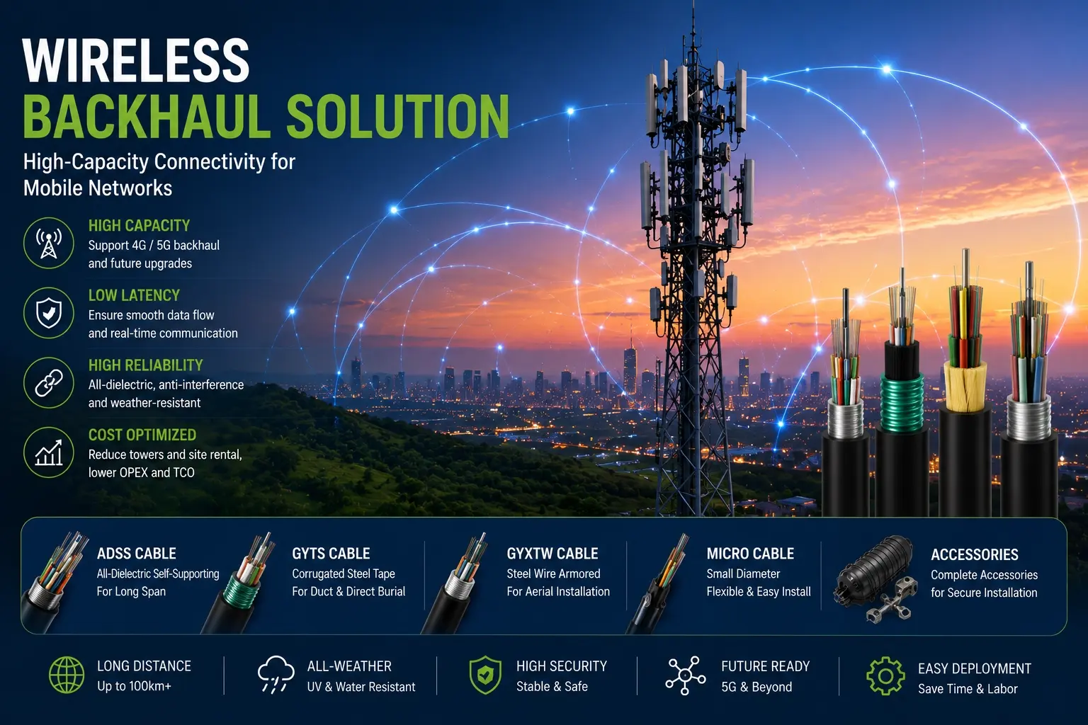 Wireless backhaul solution for 4G and 5G fiber optic connectivity